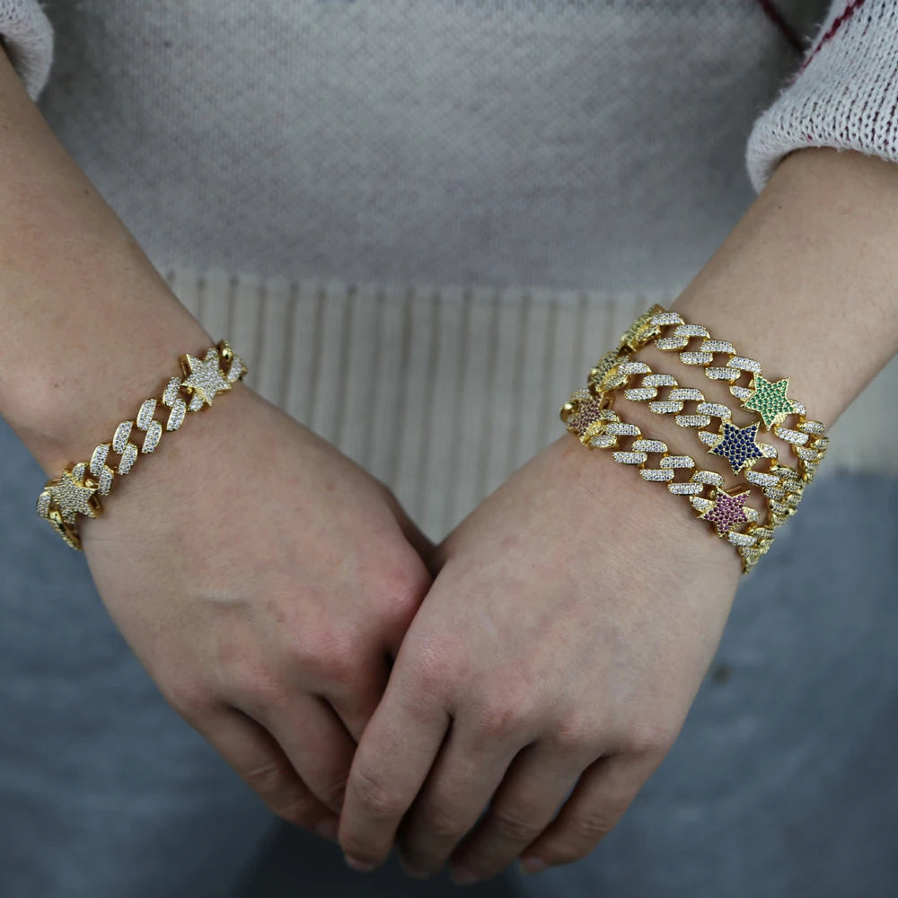 Iced Out hiphop Rainbow cubic zirconia Star 10mm Cuban Link Chain Bracelet