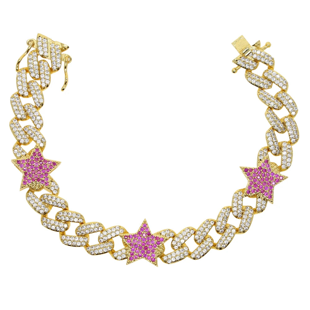 Iced Out hiphop Rainbow cubic zirconia Star 10mm Cuban Link Chain Bracelet
