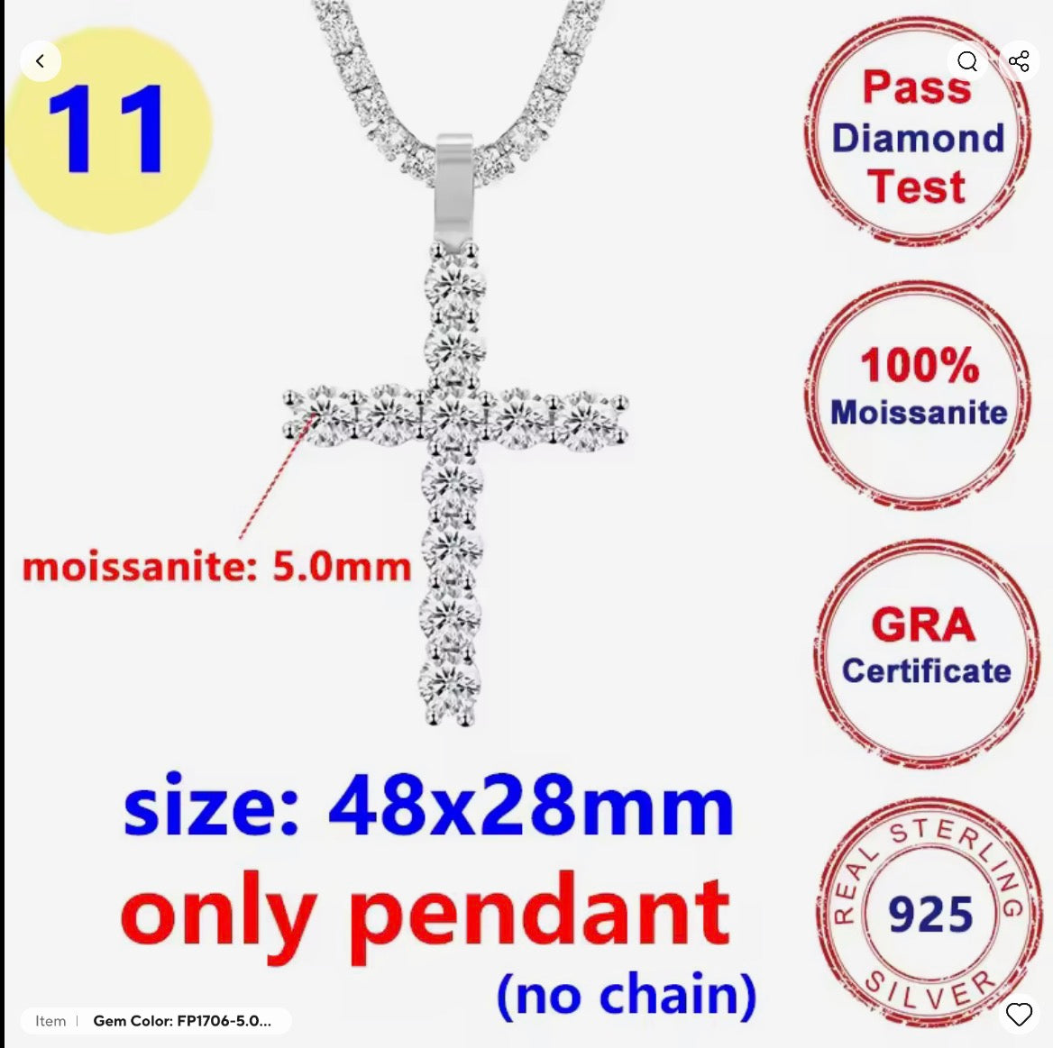 5 Styles Full Moissanite Diamond D Color Cross Pendant