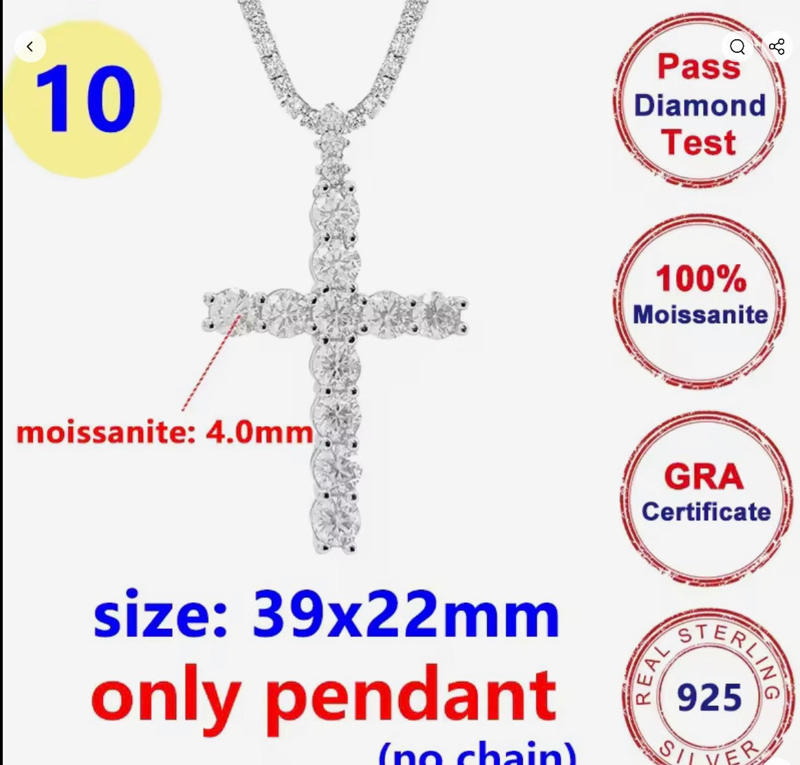 5 Styles Full Moissanite Diamond D Color Cross Pendant