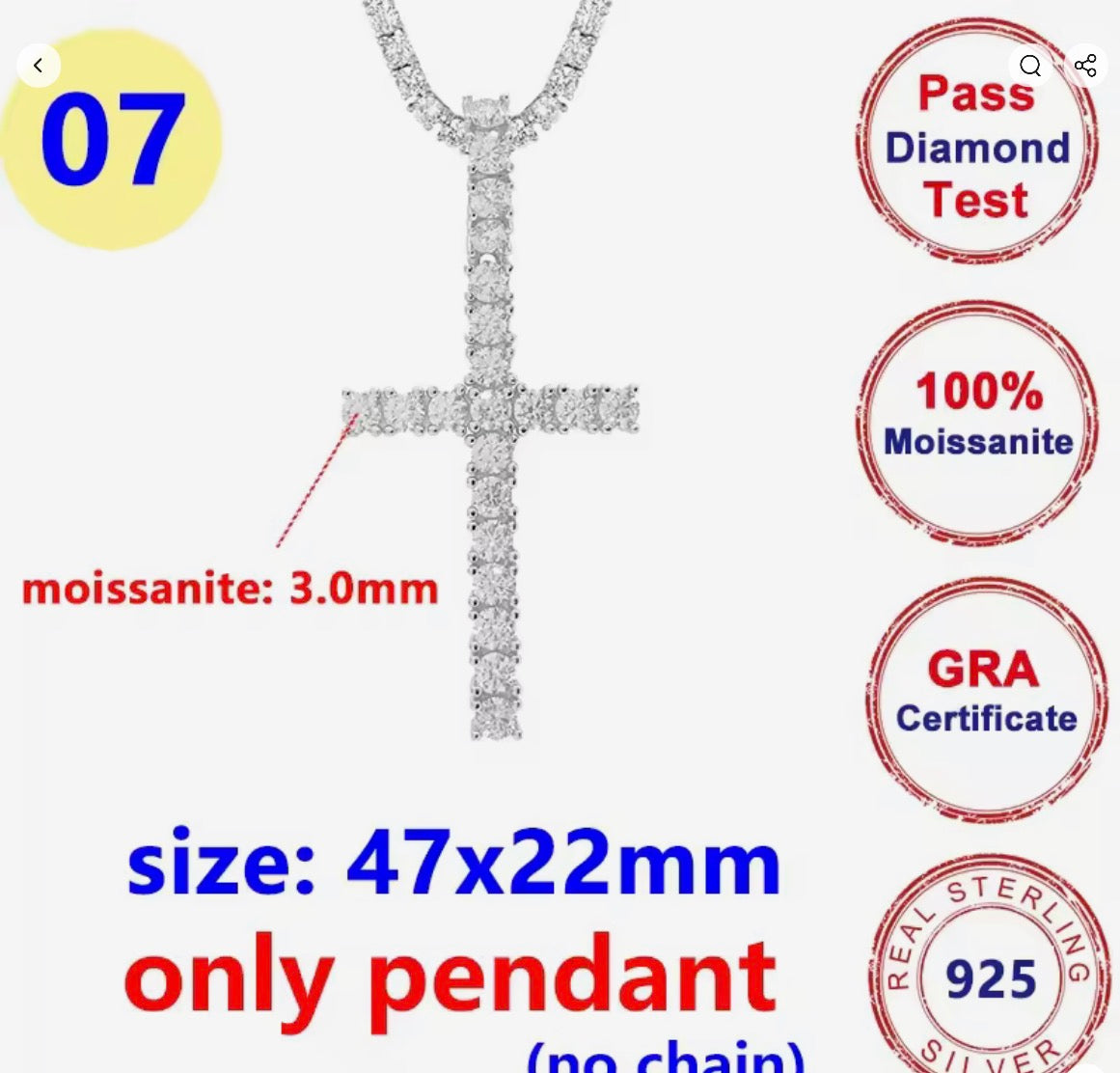 5 Styles Full Moissanite Diamond D Color Cross Pendant