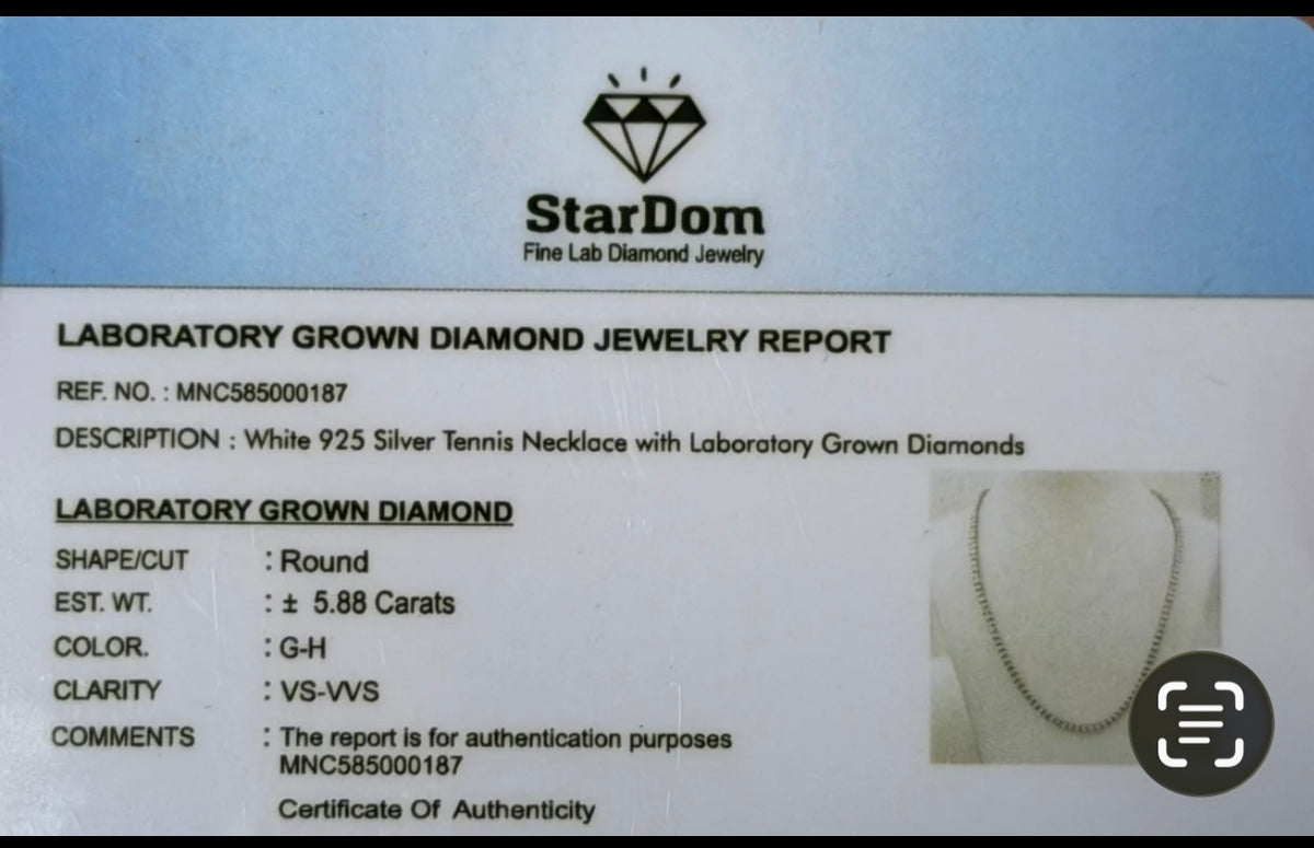 5.88 CARAT LAB GROWN DIAMONDS STERLING SILVER 22 INCHES 31.62 GRAMS 4 MM TENNIS CHAIN NECKLACE