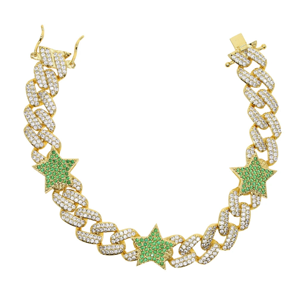 Iced Out hiphop Rainbow cubic zirconia Star 10mm Cuban Link Chain Bracelet