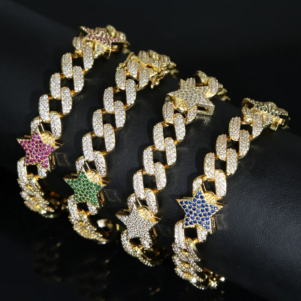 Iced Out hiphop Rainbow cubic zirconia Star 10mm Cuban Link Chain Bracelet