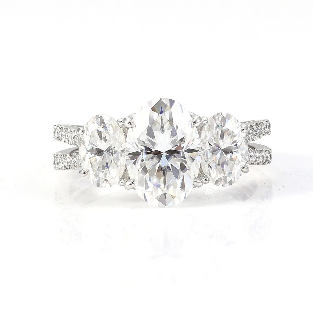 Platinum Three Stone Ring With 8*12mm Oval Shape Diamond Two Row Band Ring