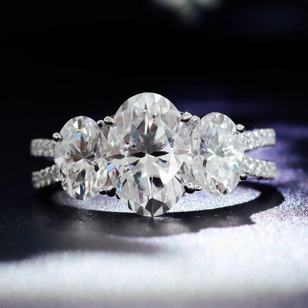 Platinum Three Stone Ring With 8*12mm Oval Shape Diamond Two Row Band Ring