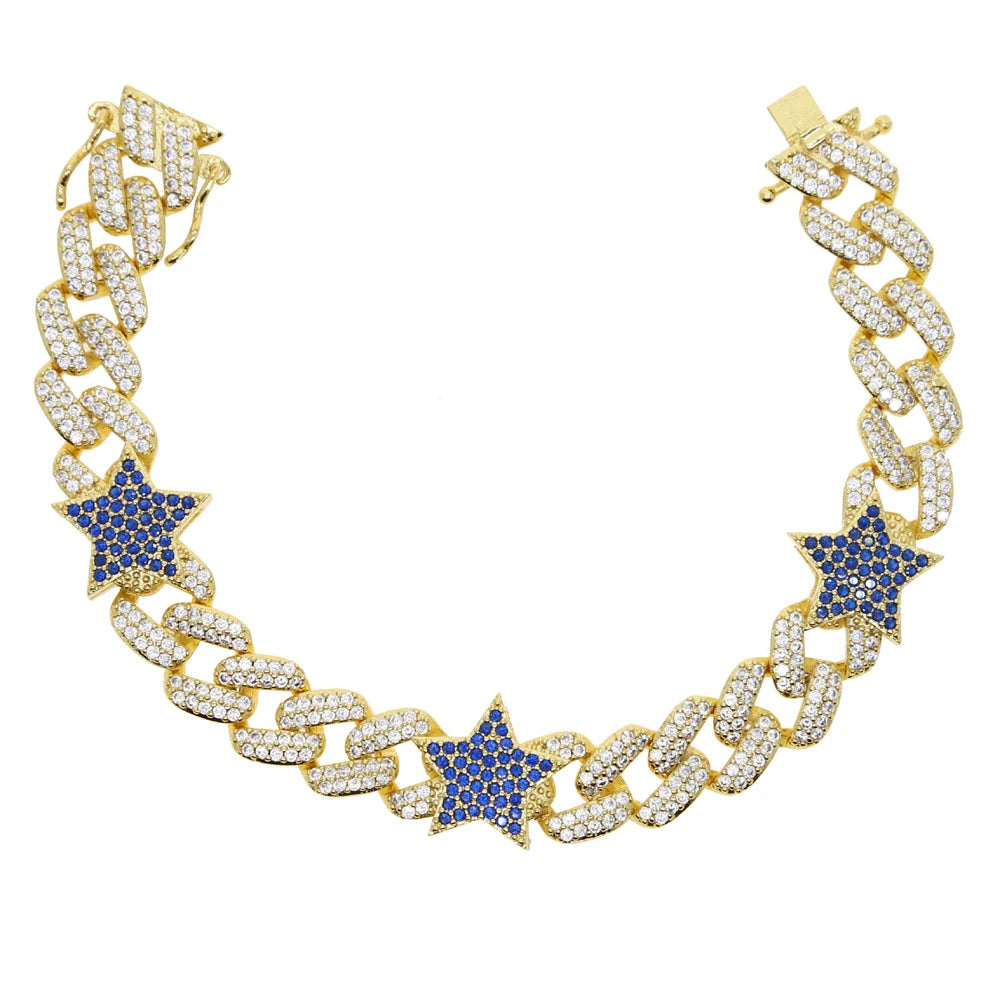 Iced Out hiphop Rainbow cubic zirconia Star 10mm Cuban Link Chain Bracelet