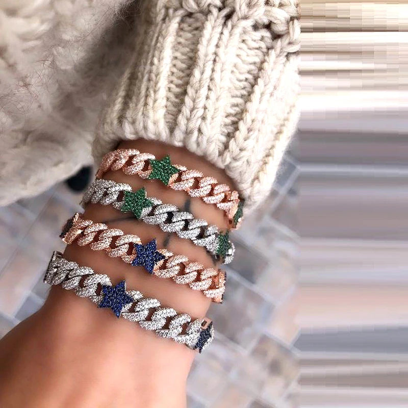 Iced Out hiphop Rainbow cubic zirconia Star 10mm Cuban Link Chain Bracelet