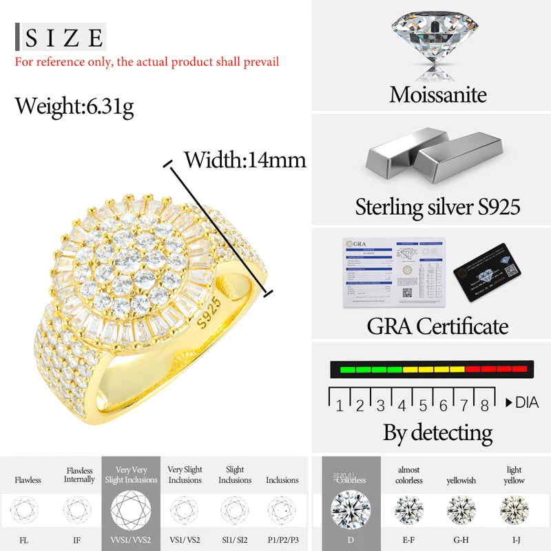 Baguette VVS1 Moissanite Men Ring Iced Out