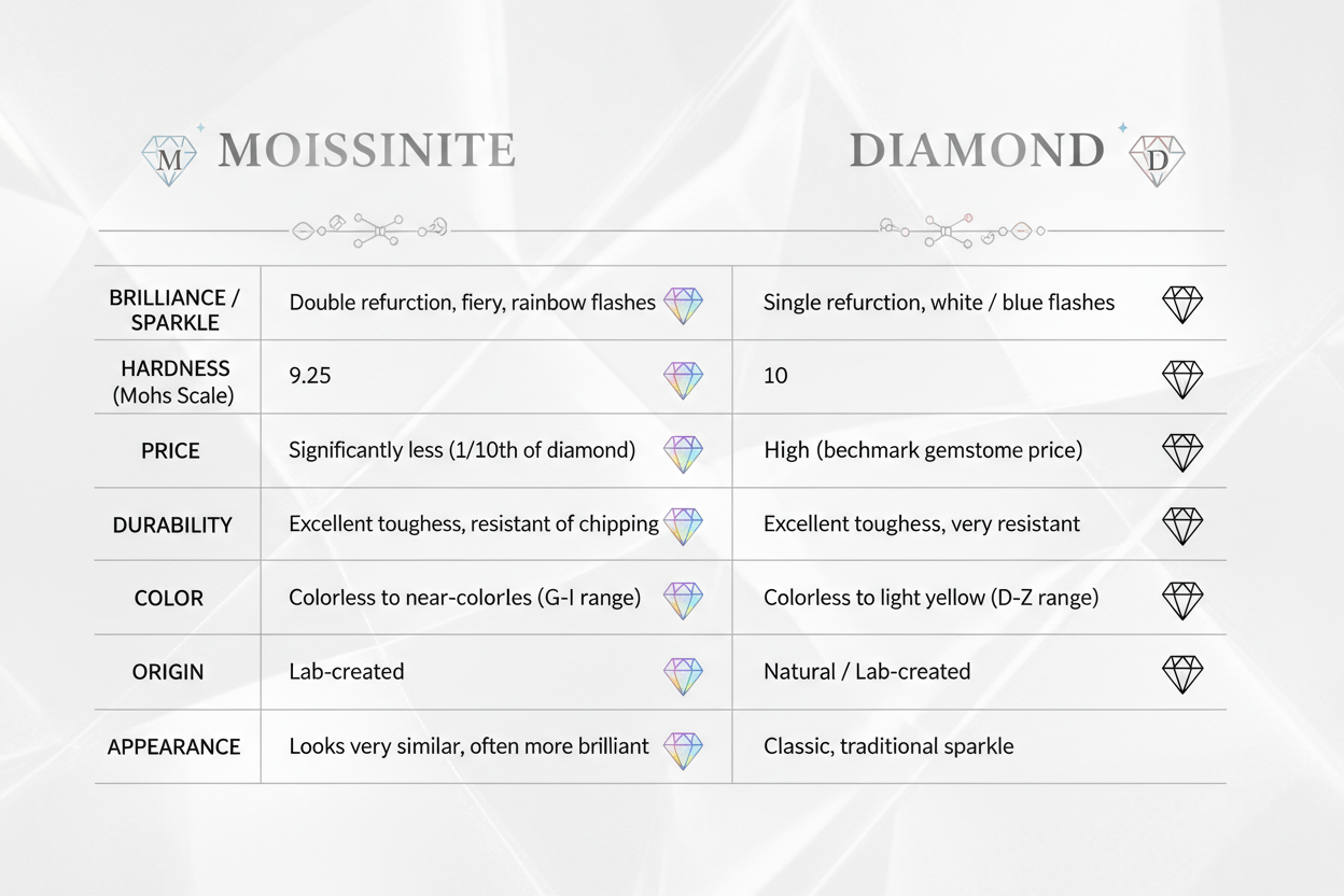 Moissanite vs diamond comparison chart