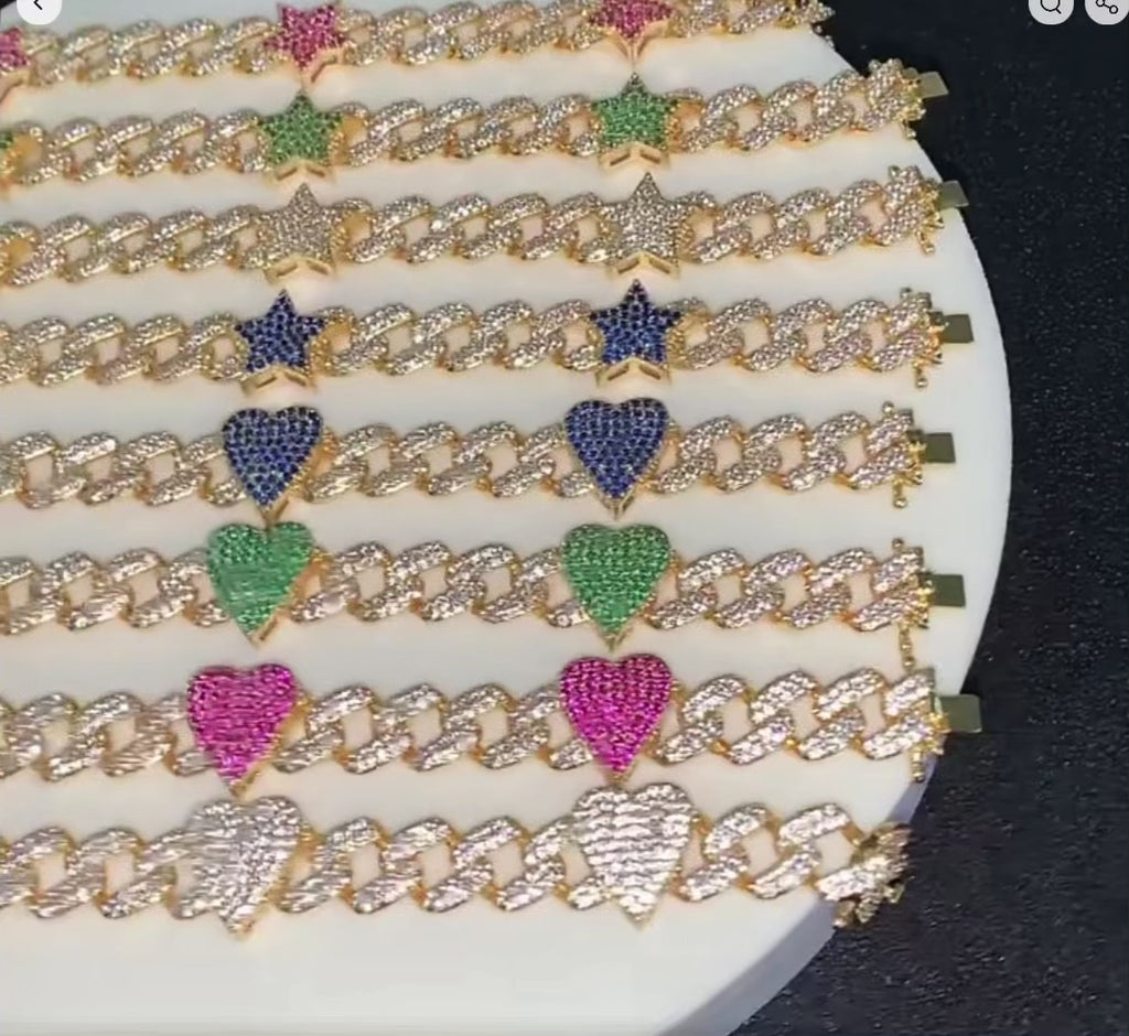 Iced Out hiphop Rainbow cubic zirconia Star 10mm Cuban Link Chain Bracelet